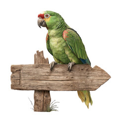 Vivid green parrot with red accents perched on a rustic wooden sign, black background