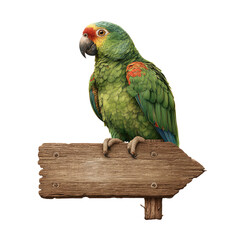 Detailed illustration of a parrot with vibrant feathers perched on a weathered wooden sign, isolated