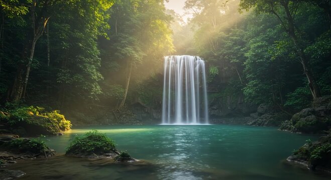 Mist-Laden Dawn Panorama of Ko Luang Waterfall and Turquoise Pool in Gentle Sunrise Tints