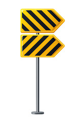 A detailed cartoon of a road sign with yellow and black diagonal stripes, pointing right
