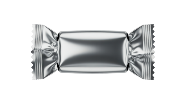 Shiny silver square candy wrapper with crimped edges. Isolated on transparent background