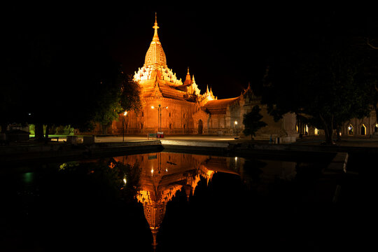 Ananda temple illuminated at night in Bagan, Myanmar