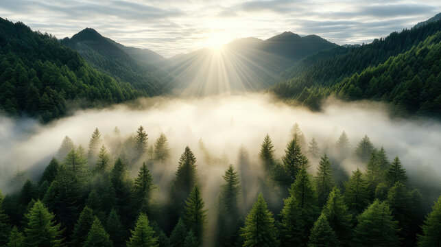 Fototapeta Misty valley with soft morning light illuminating lush green trees, creating tranquil atmosphere