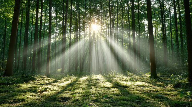 Fototapeta Soft morning light through trees creates serene atmosphere in lush forest
