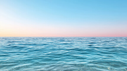 Calm ocean waves reflect soft pink and blue gradient sky at sunset, creating tranquil atmosphere