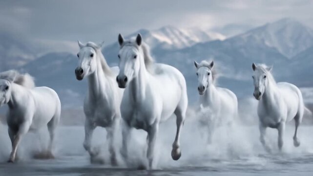 A herd of white horses gallops through misty shallow water as snowcapped mountains rise behind afar