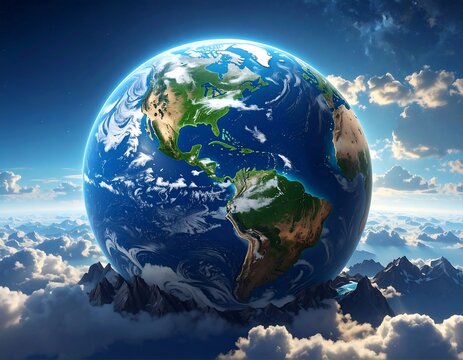 Beautiful Earth globe set above mountain tops in a cloudy sky - Powered by Adobe