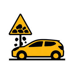 A yellow car silhouette below a yellow triangular sign with falling rocks