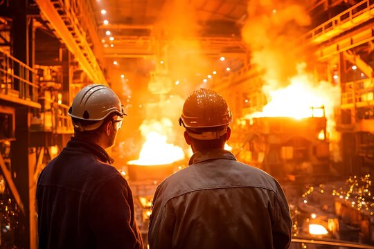Steelworkers observing molten metal in foundry furnace