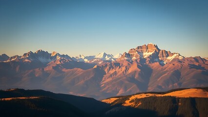 Naklejka premium foothills. A breathtaking mountain landscape bathed in golden hour light with a panoramic view. travel magazines, destination branding, designed for outdoor magazines and nature guides.