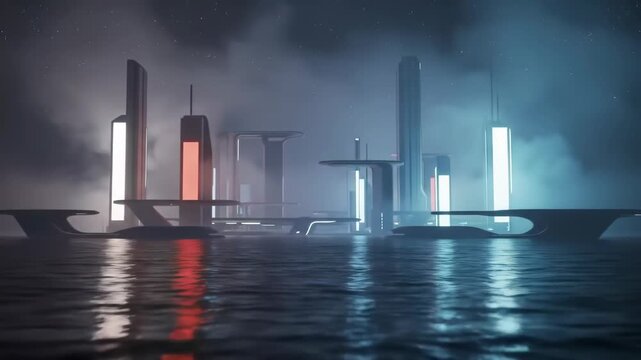 Misty Futuristic City Skyline with Neon Reflections over Water, Sci-Fi Night Scene