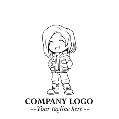Black and White Chibi Girl Standing in Jacket, Pants, and Boots. Simple Bold Vector Illustration