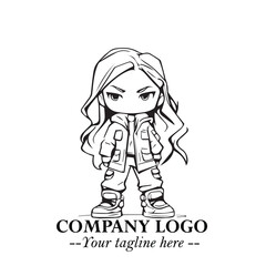 Black and White Chibi Girl Standing in Jacket, Pants, and Boots. Simple Bold Vector Illustration