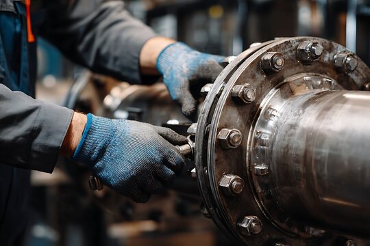Engineer hands joining large industrial metal pipe flange