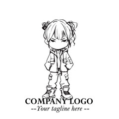 Black and White Chibi Girl Standing in Jacket, Pants, and Boots. Simple Bold Vector Illustration