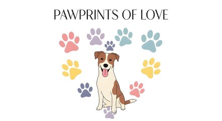 Cute Mutt Surrounded by Colorful Pawprints in Heart Shape with Pawprints of Love Quote