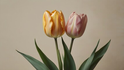Two Elegant Tulip Flowers on Beige Background – Minimalist Floral Composition