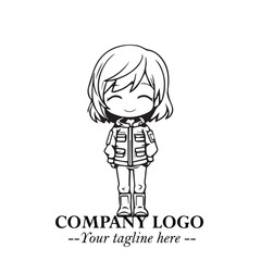 Black and White Chibi Girl Standing in Jacket, Pants, and Boots. Simple Bold Vector Illustration
