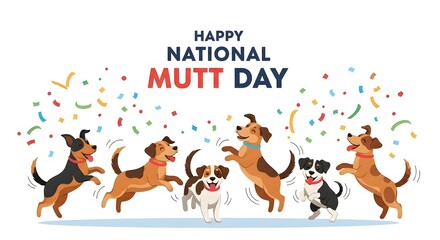 Happy National Mutt Day Celebration with Playful Cartoon Dogs and Colorful Confetti