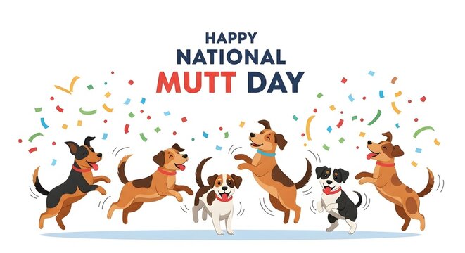 Happy National Mutt Day Celebration with Playful Cartoon Dogs and Colorful Confetti