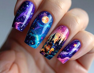 Hand with manicured fingernails featuring colorful night sky art