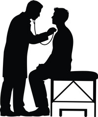 Doctor examining patient with stethoscope vector illustration, medical checkup concept silhouette, healthcare professional and man consultation graphic design for clinic theme