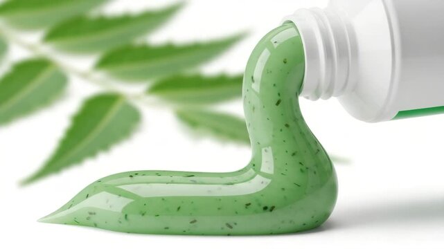 Green herbal toothpaste being squeezed from a tube isolated on white background
