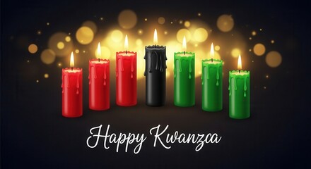 Happy kwanzaa greeting card kinara candles isolated on bokeh background ideal for celebrating african american cultural traditions and family unity