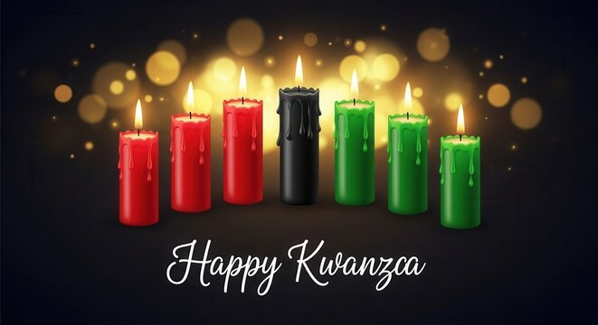 Happy kwanzaa greeting card kinara candles isolated on bokeh background ideal for celebrating african american cultural traditions and family unity