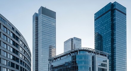 Obraz premium Modern City Skyline with Glass Skyscrapers and Office Buildings Against a Clear Sky.