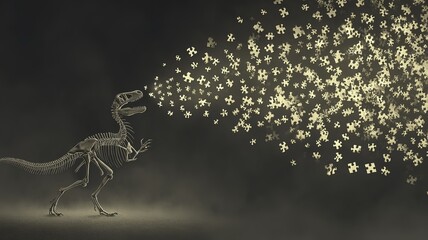 Dinosaur skeleton exhaling glowing puzzle pieces in a dark environment