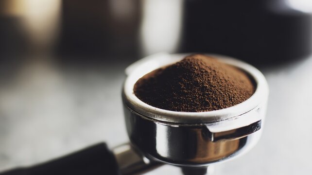 Freshly ground coffee in a portafilter, ready for brewing - Powered by Adobe
