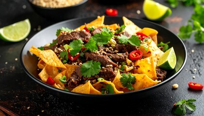 A bowl of savory dish with chips, meat, and fresh garnishes