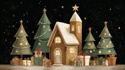 Charming christmas village scene with decorated evergreen trees and a snow covered gingerbread house filled with presents