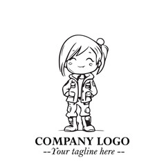 Black and White Chibi Girl Standing in Jacket, Pants, and Boots. Simple Bold Vector Illustration