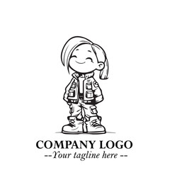 Black and White Chibi Girl Standing in Jacket, Pants, and Boots. Simple Bold Vector Illustration