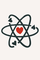 Love atom vector icon, hand-drawn illustration of atomic symbol with heart nucleus. Science of love and chemistry concept.