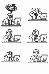 Set of vector illustrations of a businessman experiencing stress, anxiety, and a panic attack at his office desk