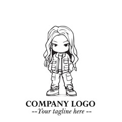 Black and White Chibi Girl Standing in Jacket, Pants, and Boots. Simple Bold Vector Illustration