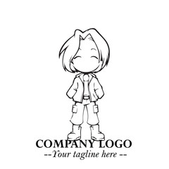 Black and White Chibi Girl Standing in Jacket, Pants, and Boots. Simple Bold Vector Illustration