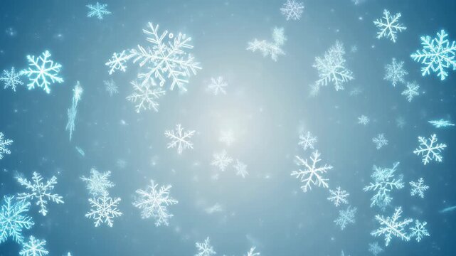Digital Snowfall_Snowflakes glowing like data bits under a pale blue sky 