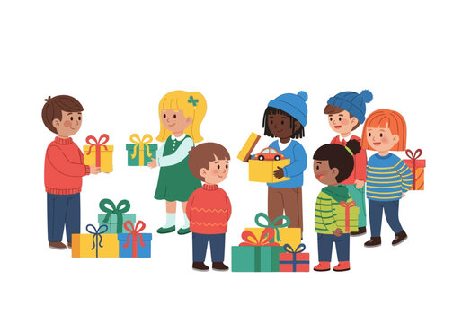 Group of joyous kids exchanging gifts at a festive event. Perfect for holiday greeting cards and school event promotions.