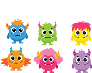 Cartoon monster set, colorful fantasy creatures, cute horned characters, friendly expressions, kids illustration, vector design, isolated playful group