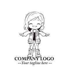 Black and White Chibi Girl Standing in Jacket, Pants, and Boots. Simple Bold Vector Illustration