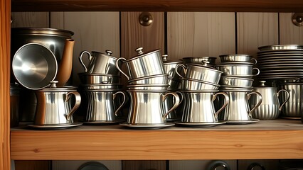 warpings. Shiny tin teacups arranged on a rustic wooden shelf. menu design, packaging mockups, designed for food delivery and cloud-kitchen brand materials, used by data scientists.