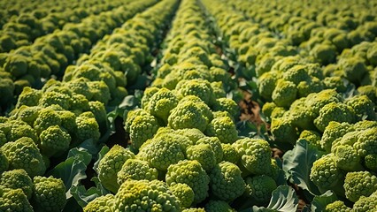 calabrese. Agricultural field of mature Calabrese broccoli with dense green florets under sunlight. public awareness campaigns.