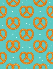 A repeating pattern of orange pretzels on a bright teal background