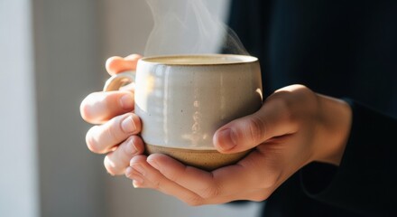 Hands holding warm ceramic mug in gentle morning light.