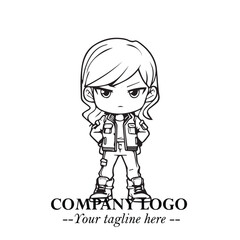 Black and White Chibi Girl Standing in Jacket, Pants, and Boots. Simple Bold Vector Illustration