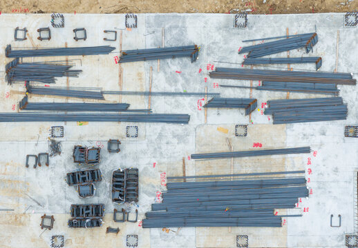 Construction site steel rebar foundation layout